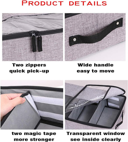 AARAINBOW Foldable Under Bed Clothes Organizer with Lid, Fabric Underbed Storage Container with Adjustable Dividers, Long UnderBed Storage Bins with Handles, Clear Shoes Storage Under Bed (2 Gray)