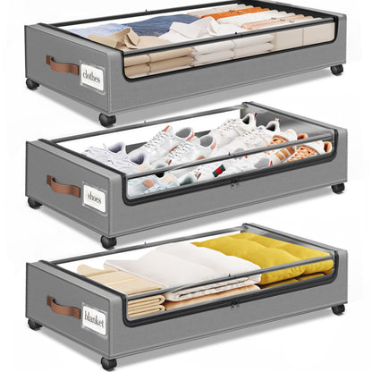 Under Bed Storage with Wheels 3Pack Storage Containers with Clear Window