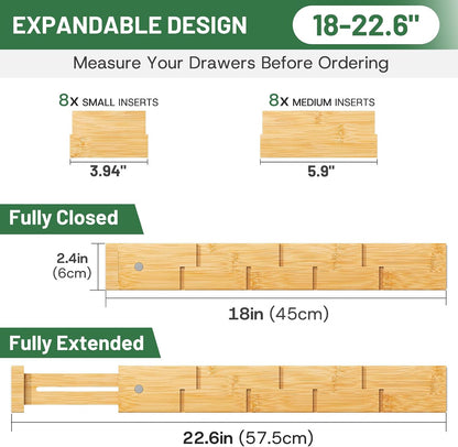 kiplant Kitchen Drawer Dividers - Adjustable Drawer Organizer for Clothes, Kitchen, Closet & Office - 8 Pack with Inserts, 18-22.6 Inches, Non-Slip Silicone Ends