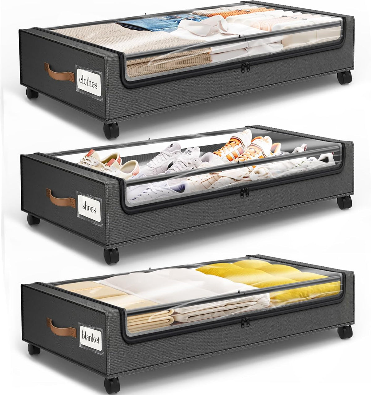 Under Bed Storage with Wheels 3Pack Storage Containers with Clear Window