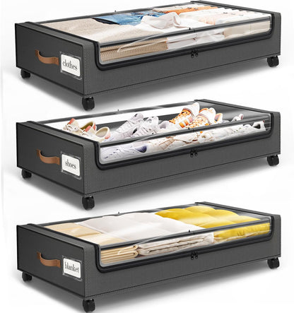 Under Bed Storage with Wheels 3Pack Storage Containers with Clear Window