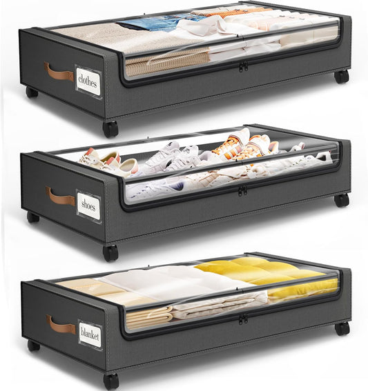 Under Bed Storage with Wheels 3Pack Storage Containers with Clear Window