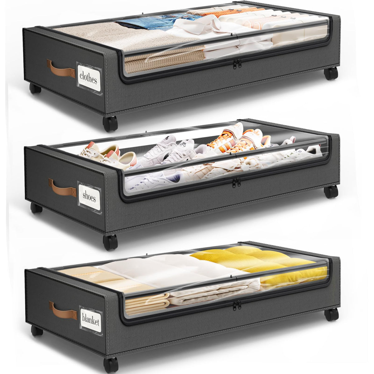Under Bed Storage with Wheels 3Pack Storage Containers with Clear Window