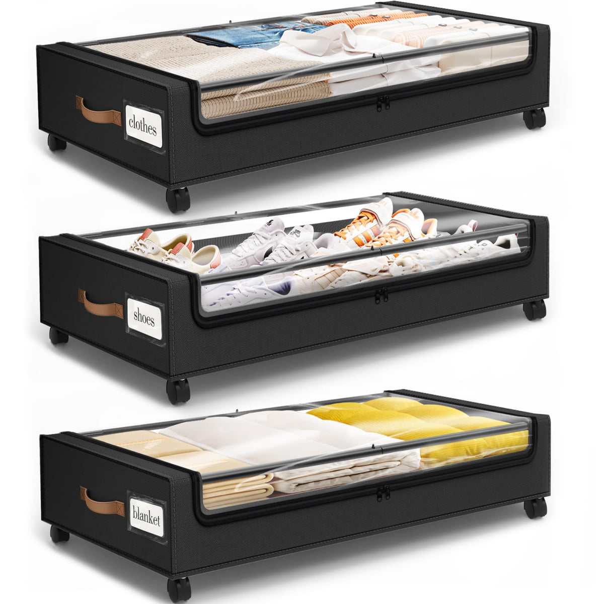 Under Bed Storage with Wheels 3Pack Storage Containers with Clear Window