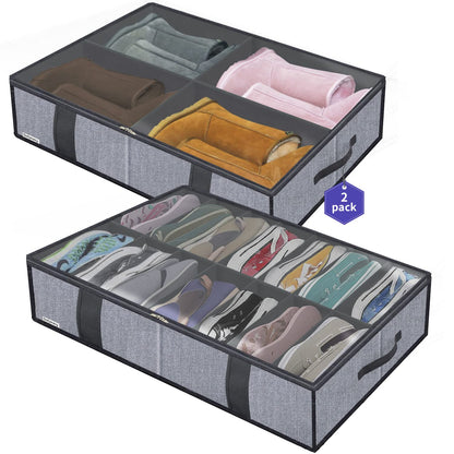Onlyeasy Sturdy Under Bed Shoe Storage Organizer, Set of 2, Fit 12 to 24 Pairs, Underbed Shoes Closet Storage Solution with Clear Window, Breathable, L29.3 x W23.6 x H5.9, Linen-like Black, MXAUBSB2P