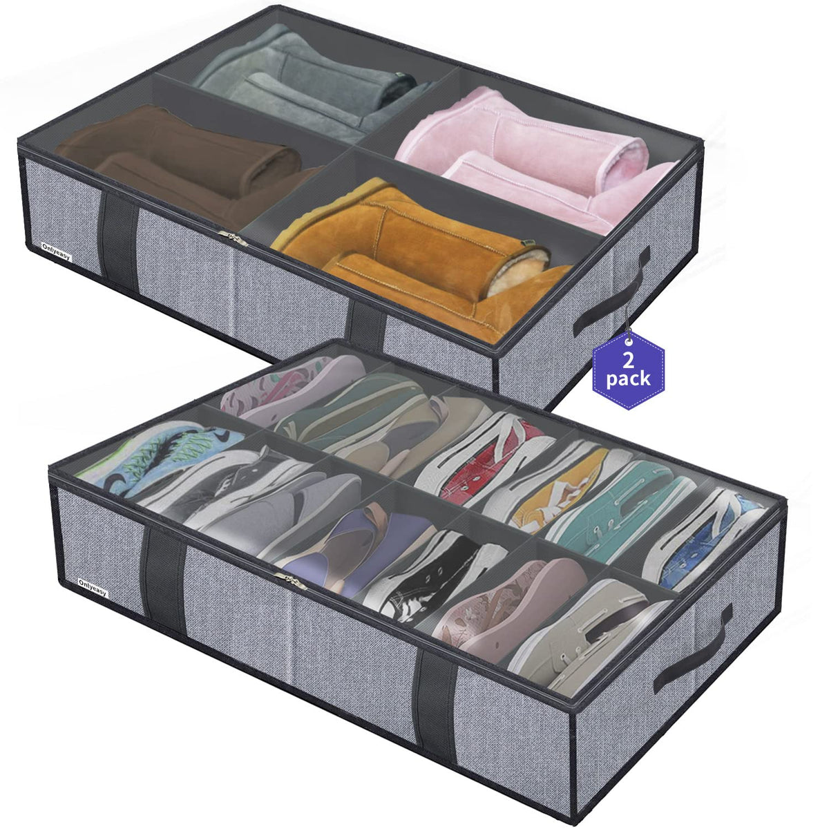 Onlyeasy 2 Pack Under Bed Shoes Storage Bag Organizer (14+4 Pairs), Collapsible Shoe Boot Container with Handles, Underbed Storage Solution for Kids & Adults, 86x60x15cm, Linen-like Black, MXAUBS14S4