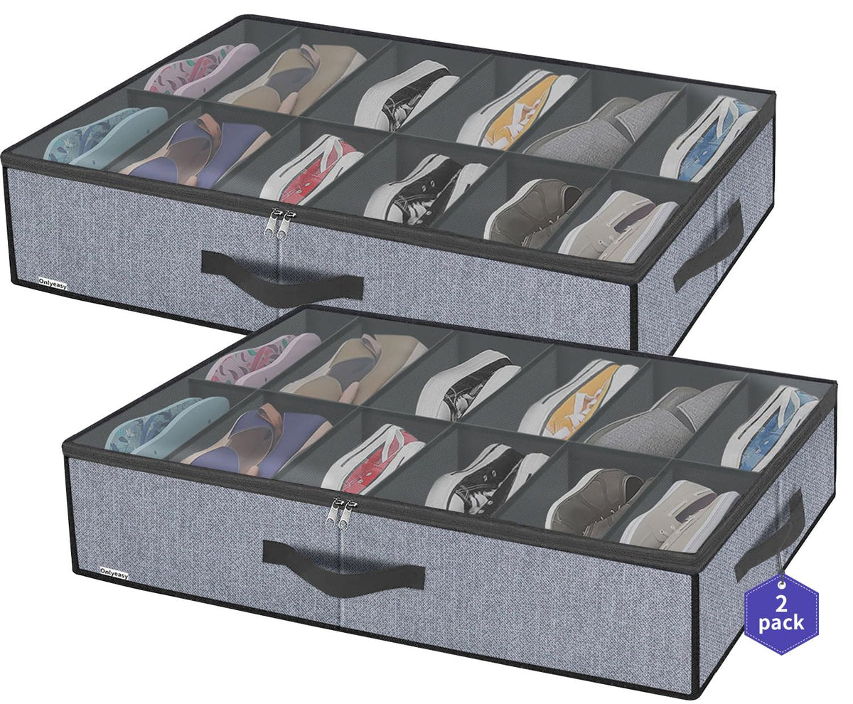 Onlyeasy 2 Pack Under Bed Shoes Storage Bag Organizer (14+4 Pairs), Collapsible Shoe Boot Container with Handles, Underbed Storage Solution for Kids & Adults, 86x60x15cm, Linen-like Black, MXAUBS14S4