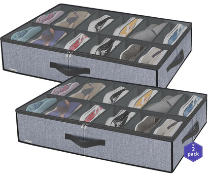 Onlyeasy 2 Pack Under Bed Shoes Storage Bag Organizer (14+4 Pairs), Collapsible Shoe Boot Container with Handles, Underbed Storage Solution for Kids & Adults, 86x60x15cm, Linen-like Black, MXAUBS14S4