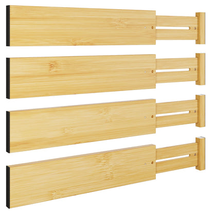 BAMEOS Bamboo Expandable Drawer Dividers – Fits 16.6"–22" Drawers, 2" High, Set of 4 | Spring-Loaded Bamboo Separator for Kitchen Island, Bathroom Vanity & Dresser Drawers