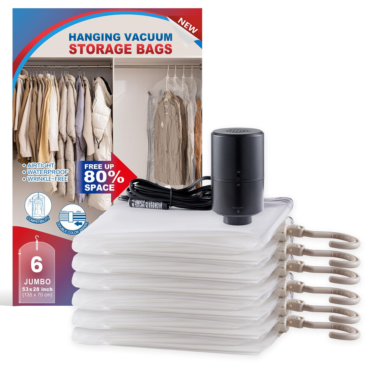Hanging Vacuum Storage Bags, Space Saver Vacuum Seal Bags for Cloth, 6 Long