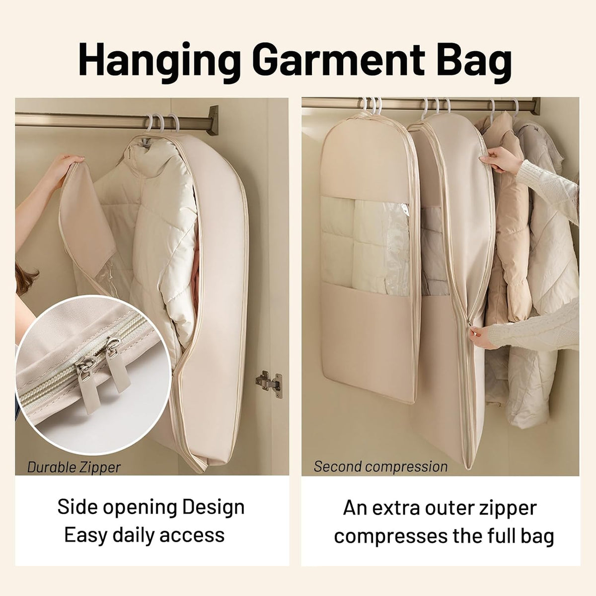 Space Saving Hanging Compression Garment Bag with Zipper for Closet Storage, Hanging Clothes Storage Bag, Garment Covers for Coats and Down Jackets, Beige, XL