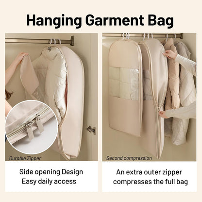 Space Saving Hanging Compression Garment Bag with Zipper for Closet Storage, Hanging Clothes Storage Bag, Garment Covers for Coats and Down Jackets, Beige, XL