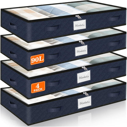 90L Under Bed Storage Containers, Storage Bags, Organizer, 4-Pack, Gray