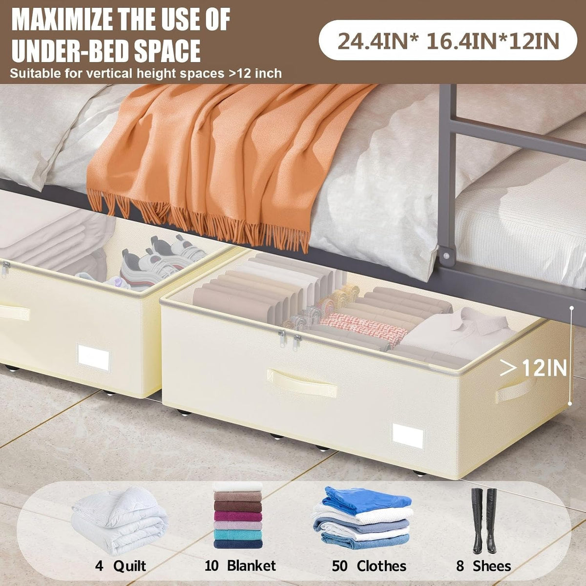 EE-RoomWorld Under Bed Storage with Wheels, 12 inches height，Beige
