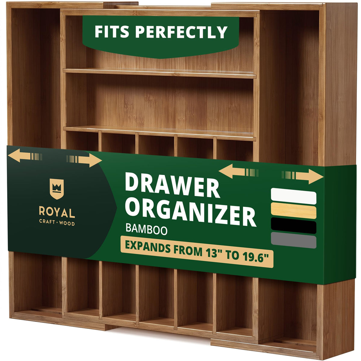 ROYAL CRAFT WOOD Luxury Bamboo Kitchen Drawer Organizer for Kitchen Organization - Silverware Organizer, Utensil Holder & Cutlery Tray Drawer Dividers for Flatware Silverware Storage, 9 Slot, Natural