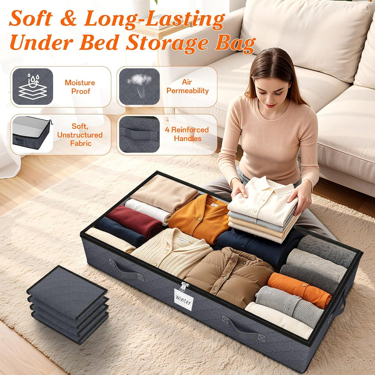 90L Under Bed Storage Containers, Storage Bags, Organizer, 4-Pack, Gray
