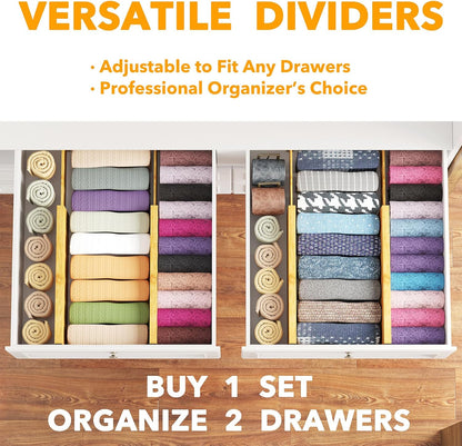 SpaceAid Bamboo 4 Pack Dresser Drawer Dividers, 4.65“ High Adjustable 12.5“-17” Drawer Organizers, Expandable Organization for Clothing, Clothes, Dressers, Natural