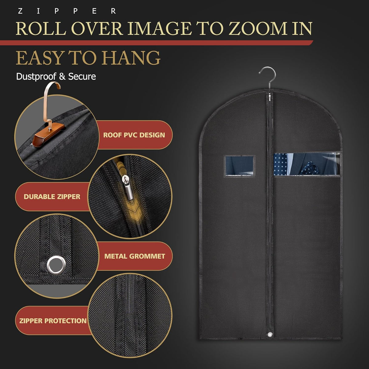 Hleelomi 5 Pack 40-inch Suit Bag Garment Bag for Travel and Storage, Garment Bags for Hanging Clothes with Zipper and Visible Transparent Window, Black
