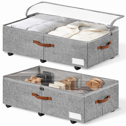 6 Inches Under Bed Storage with Wheels Pack of 2, Underbed Shoe Storage Container Bin with Clear Lid Cover, Rolling Under Bed Drawer Storage Bag Basket for Shoe Organizer Sheet Sweater - White
