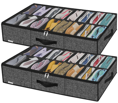 Onlyeasy Sturdy Under Bed Shoe Storage Organizer, Set of 2, Fit 12 to 24 Pairs, Underbed Shoes Closet Storage Solution with Clear Window, Breathable, L29.3 x W23.6 x H5.9, Linen-like Black, MXAUBSB2P