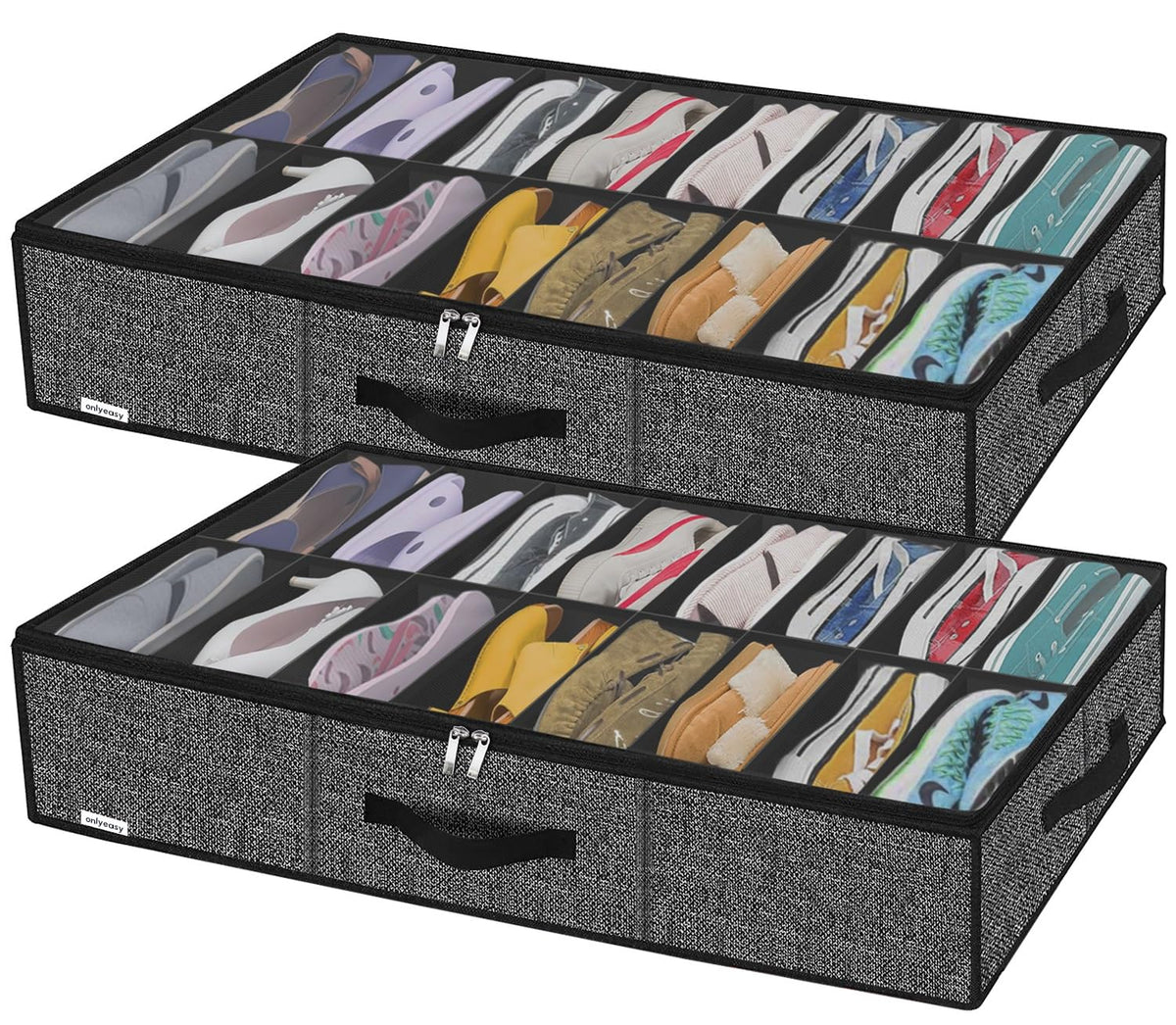 Onlyeasy 2 Pack Under Bed Shoes Storage Bag Organizer (14+4 Pairs), Collapsible Shoe Boot Container with Handles, Underbed Storage Solution for Kids & Adults, 86x60x15cm, Linen-like Black, MXAUBS14S4