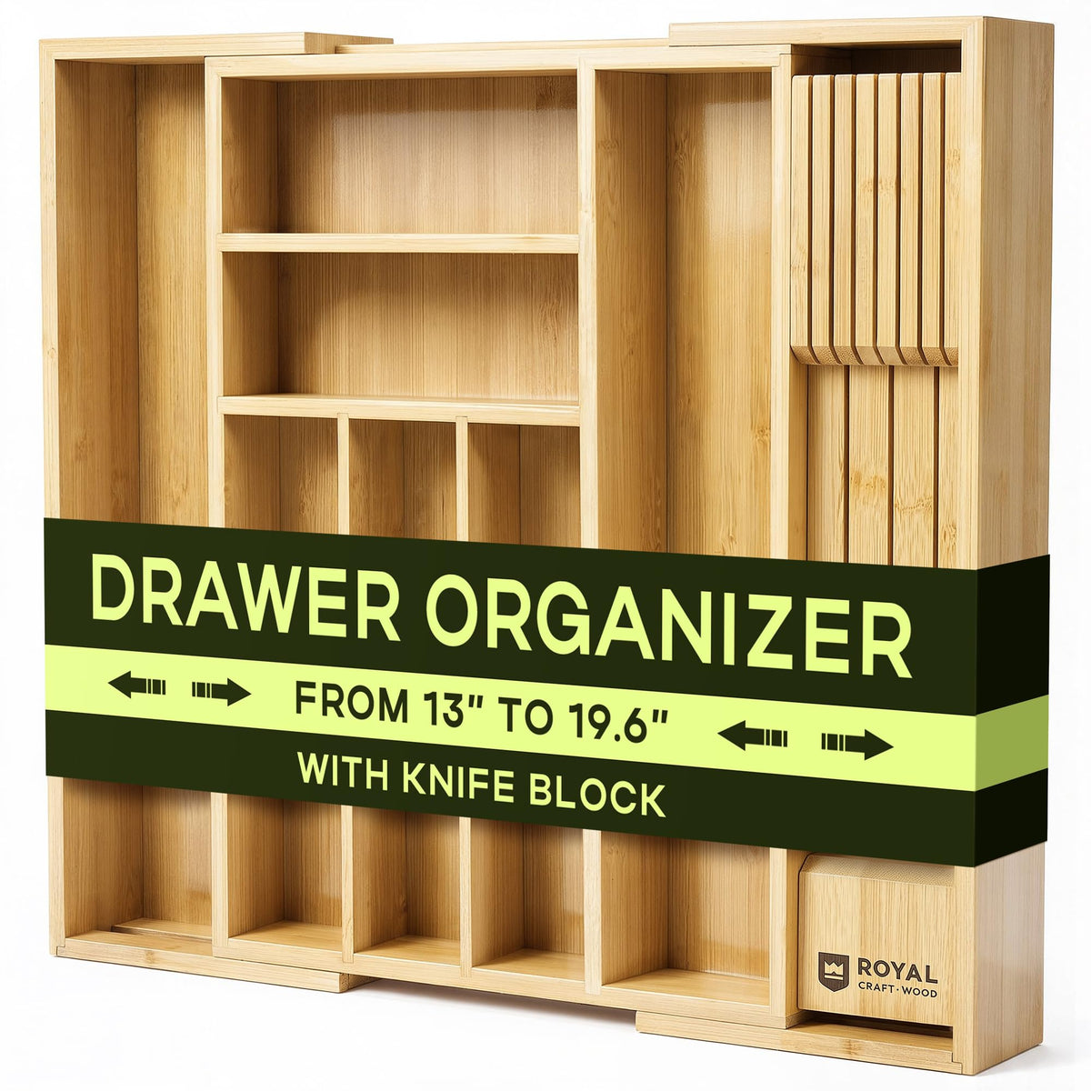 ROYAL CRAFT WOOD Luxury Bamboo Kitchen Drawer Organizer for Kitchen Organization - Silverware Organizer, Utensil Holder & Cutlery Tray Drawer Dividers for Flatware Silverware Storage, 9 Slot, Natural