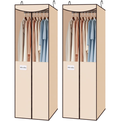 STO STO 2 Pack Garment Bag for Hanging Clothes Closet, Hanging Garment Cover with Built-in Steel Hanging Rod, Hanging Wardrobe Storage Bag for Suit, Dress with Clear Window, Zipper, ID Card, Gray