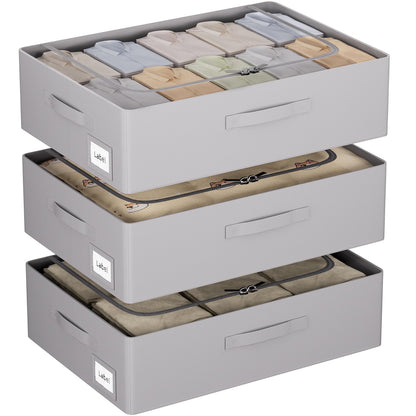 CYhom 3Pcs Under Bed Storage Bins with Metal Frame - Shoe Organizer for Closet with Clear Cover Oxford Fabric Sturdy Underbed Container Foldable Stackable Clothes Organizer (Beige, 23.5x11.8x6.3)