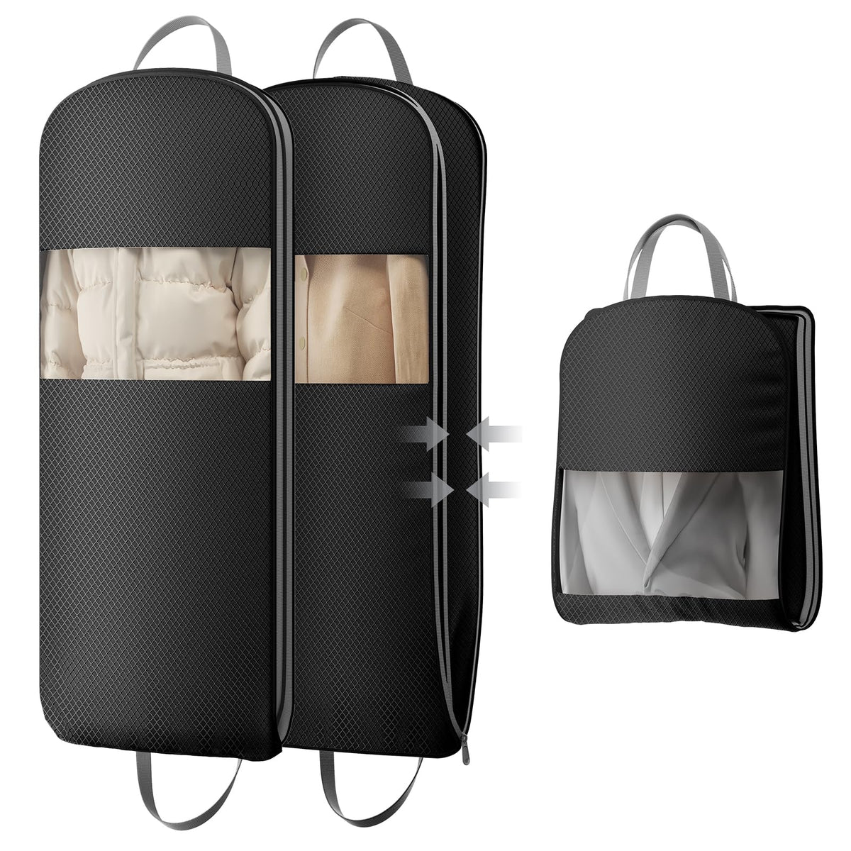 DIMJ 3 Pack 54" Garment Bags for Hanging Clothes - Space Saving Compression Suit Bag Travel with Handles Window, Washable Carry Clothing Storage Cover for Dress, Coats, Down Jacket, Shirts