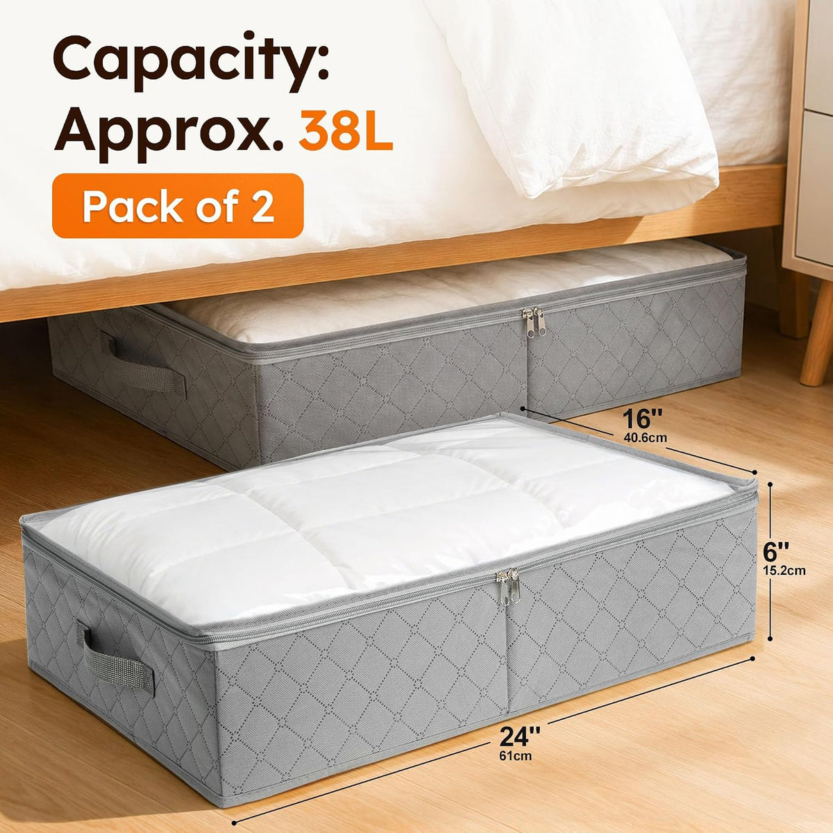 LotFancy Under Bed Storage Bags with Clear Window & Handles, 24” x 16” x 6"