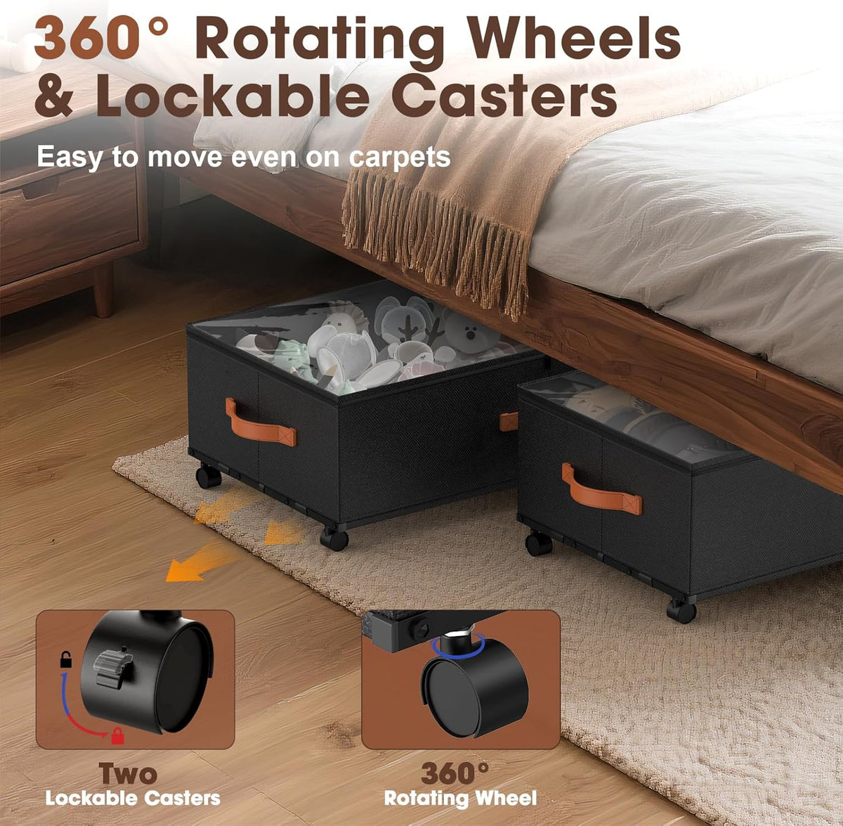 Under Bed Storage with Wheels 2 Pack, 9.5" Tall Large Capacity Containers