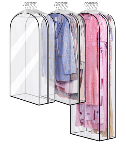 MISSLO 10" Gusseted All Clear Garment Bags for Hanging Clothes 60" Dress Bags for Gowns Long Fur Coat Closet Storage Covers, 3 Packs