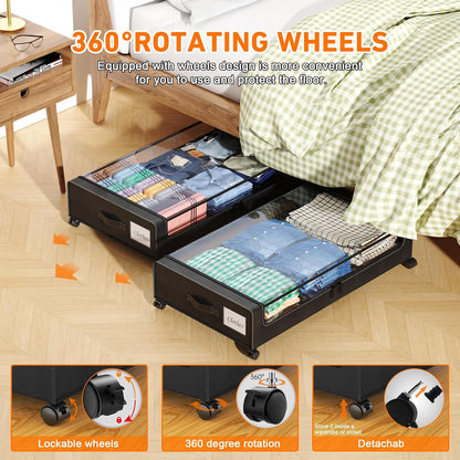 Under Bed Storage with Wheels, 2 Pack Under Bed Storage Containers with Clear Lids, XXL 65L Under Bed Storage Organizer, Rolling Under Bed Metal Drawer for Blanket, Clothes, Shoes (31 x 17 x 6.69 in)
