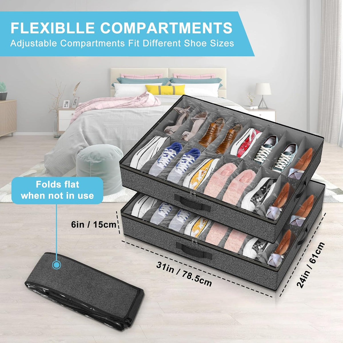 Under Bed Shoe Storage Organizer for Closet, 32 Pairs Sturdy Underbed Shoe Storage Boxes Bins Container Foldable Shoes Storage with Reinforced Handles & Clear Window for College Dorms Grey, Set of 2