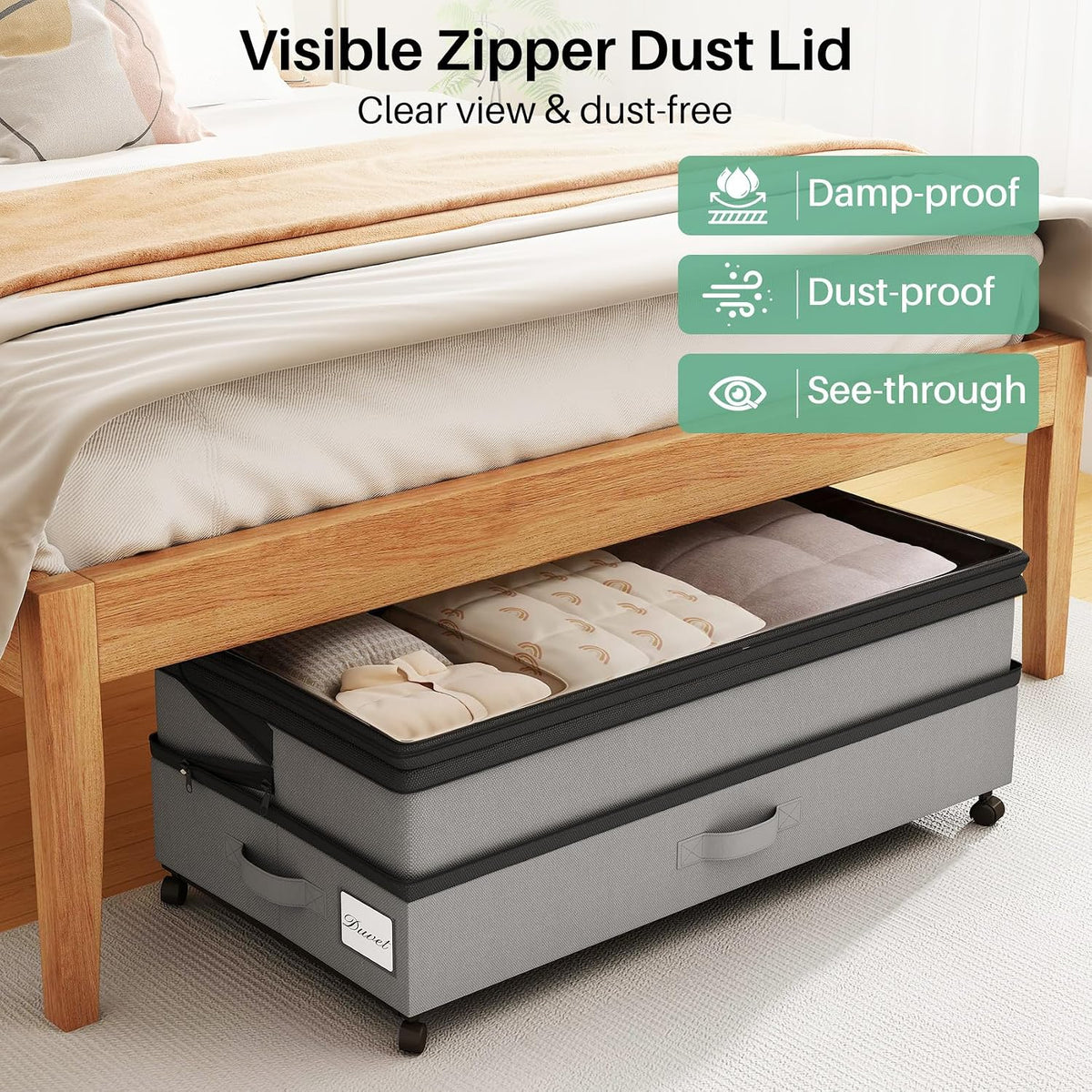 Kitstorack Under Bed Storage with Wheels 2Pack Height-adjustable Under Bed Storage Containers,Under Bed Shoe Storage Organizer with Clear Window&Label, Suitable for Clothes Storage, Gray