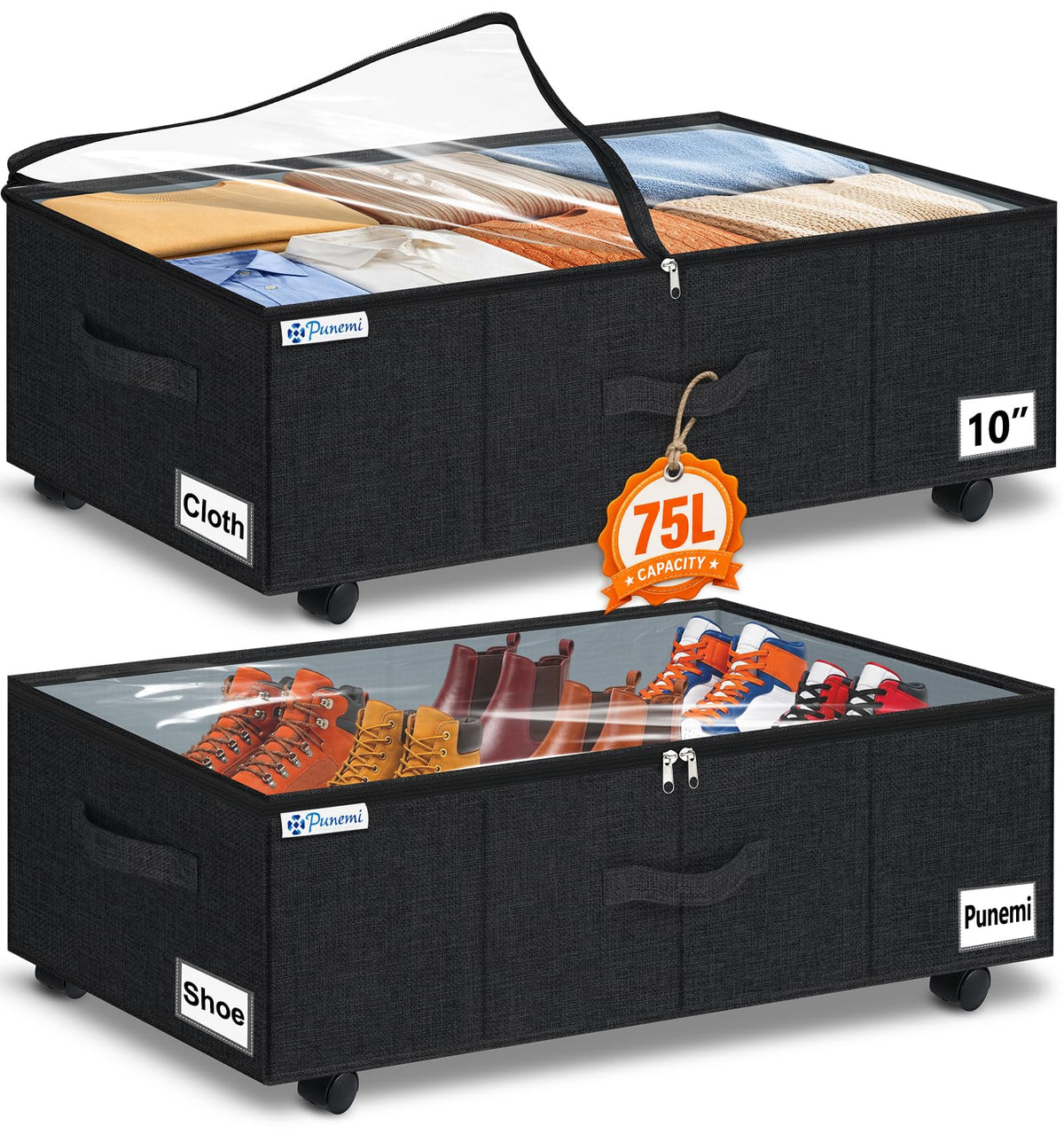 punemi 3 inch High Soft Low Profile Under Bed Storage Bins, 2 Pack, Grey