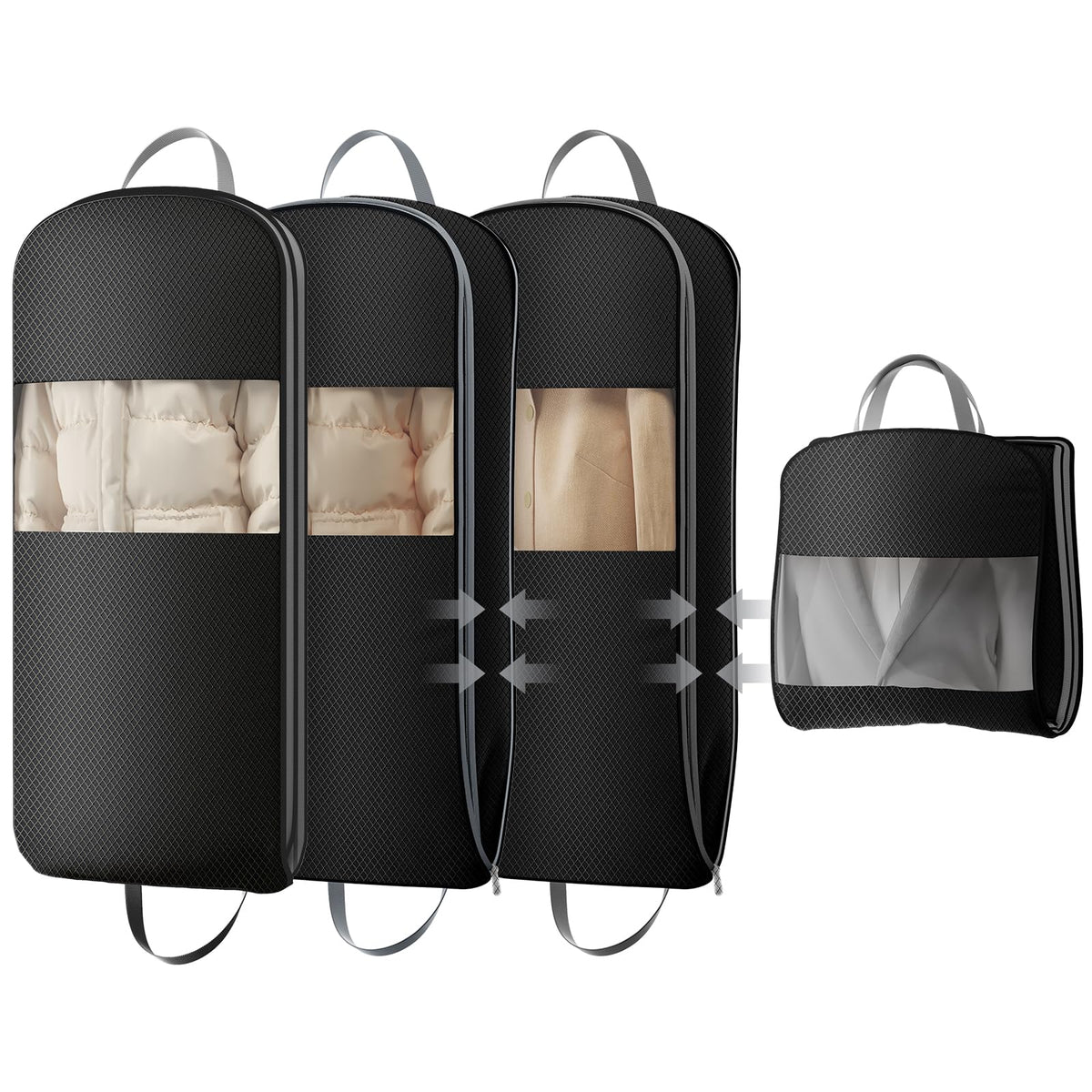 DIMJ 3 Pack 54" Garment Bags for Hanging Clothes - Space Saving Compression Suit Bag Travel with Handles Window, Washable Carry Clothing Storage Cover for Dress, Coats, Down Jacket, Shirts
