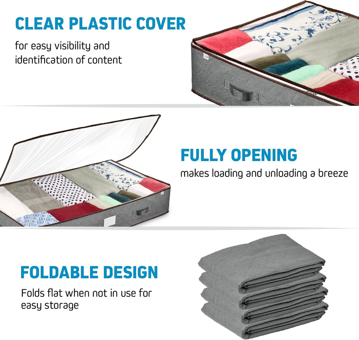 ZOBER Under Bed Storage Bags, Underbed Storage Containers, Gray, 90L 4-Pack