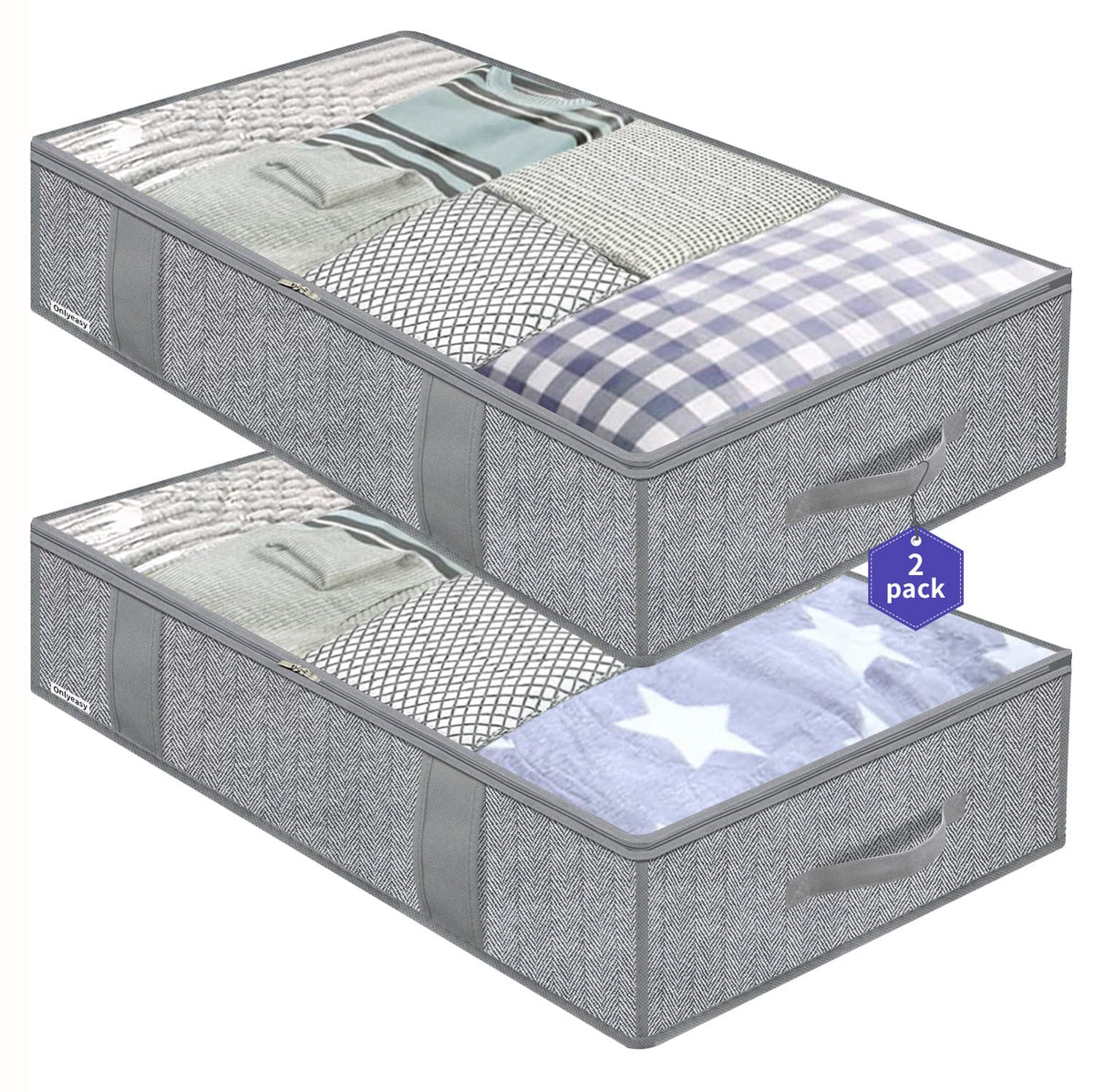 Onlyeasy Foldable Underbed Bags 2 Pack - Blankets Clothes Comforters Storage Bag Breathable Zippered Organizer for Bedroom with Clear Window and 4 Handles, 39.4x19.7x5.9 in, Linen-like Grey, MXDUBBP2