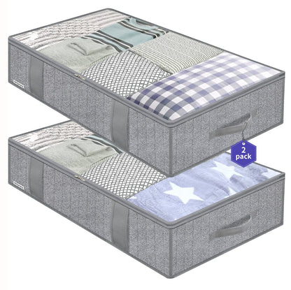 Onlyeasy Foldable Underbed Bags 2 Pack - Blankets Clothes Comforters Storage Bag Breathable Zippered Organizer for Bedroom with Clear Window and 4 Handles, 39.4x19.7x5.9 in, Linen-like Grey, MXDUBBP2