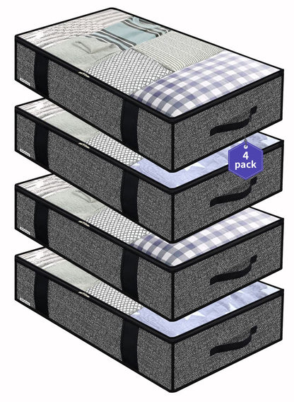 Onlyeasy Underbed Storage Bags Organizer, 4 Pack Large Capacity Under Bed Storage Containers with Reinforced Handles, Foldable Fabric Storage Bins with Clear Window, Herringbone Grey, 7MXRUBBP4