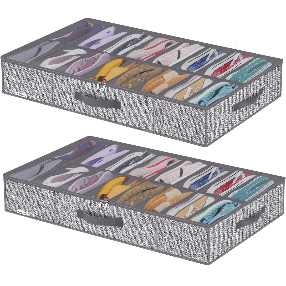 Onlyeasy 2 Pack Under Bed Shoes Storage Bag Organizer (14+4 Pairs), Collapsible Shoe Boot Container with Handles, Underbed Storage Solution for Kids & Adults, 86x60x15cm, Linen-like Black, MXAUBS14S4