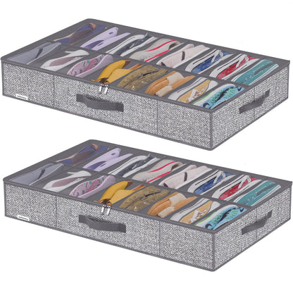 Onlyeasy 2 Pack Under Bed Shoes Storage Bag Organizer (14+4 Pairs), Collapsible Shoe Boot Container with Handles, Underbed Storage Solution for Kids & Adults, 86x60x15cm, Linen-like Black, MXAUBS14S4