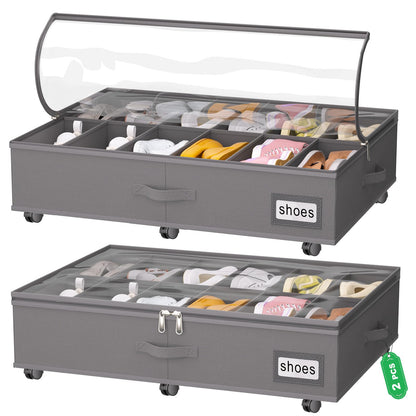 homyfort Under Bed Shoe Storage with Wheels, Fits 24 Pairs, Rolling Shoe Organizer with Bottom Support & Clear Lids, Sturdy Under Bed Storage Box for Shoes, Set of 2, Black
