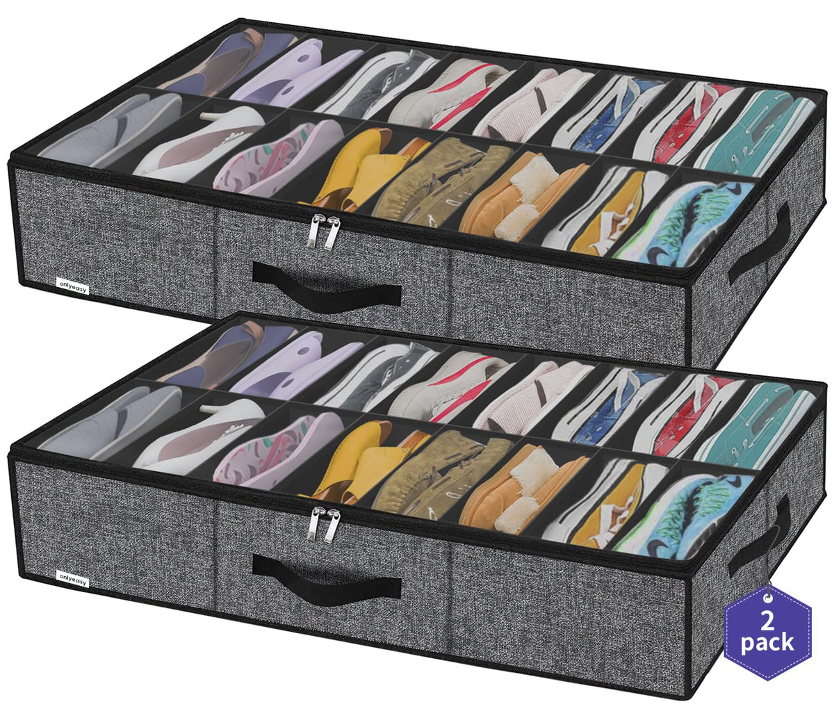 Onlyeasy 2 Pack Under Bed Shoes Storage Bag Organizer (14+4 Pairs), Collapsible Shoe Boot Container with Handles, Underbed Storage Solution for Kids & Adults, 86x60x15cm, Linen-like Black, MXAUBS14S4