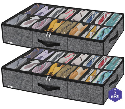 Onlyeasy 2 Pack Under Bed Shoes Storage Bag Organizer (14+4 Pairs), Collapsible Shoe Boot Container with Handles, Underbed Storage Solution for Kids & Adults, 86x60x15cm, Linen-like Black, MXAUBS14S4