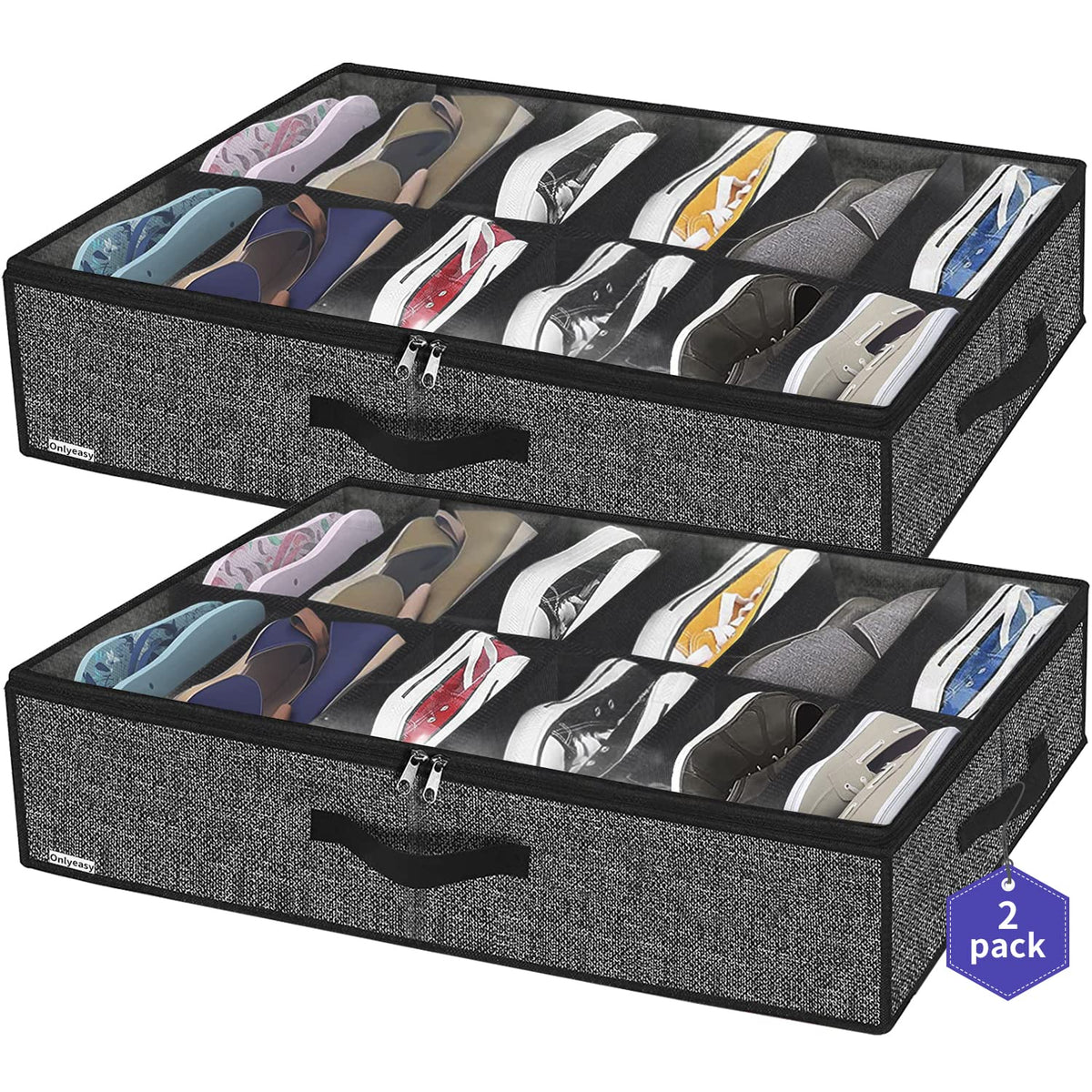 Onlyeasy 2 Pack Under Bed Shoes Storage Bag Organizer (14+4 Pairs), Collapsible Shoe Boot Container with Handles, Underbed Storage Solution for Kids & Adults, 86x60x15cm, Linen-like Black, MXAUBS14S4