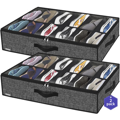 Onlyeasy 2 Pack Under Bed Shoes Storage Bag Organizer (14+4 Pairs), Collapsible Shoe Boot Container with Handles, Underbed Storage Solution for Kids & Adults, 86x60x15cm, Linen-like Black, MXAUBS14S4