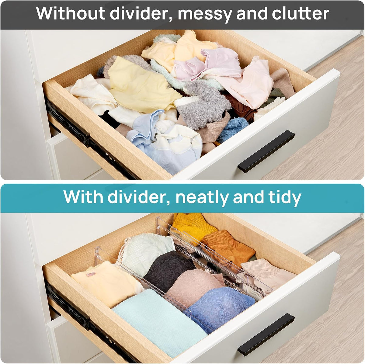 Vtopmart Drawer Dividers Organizers 8 Pack, Adjustable 3.2" High Expandable from 12.2-21.4" Kitchen Drawer Organizer, Clear Plastic Drawers Separators for Clothing, Installed by Double-sided Tape