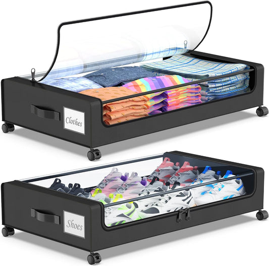 Beborxue Under Bed Storage with Wheels, 2-Pack, Black